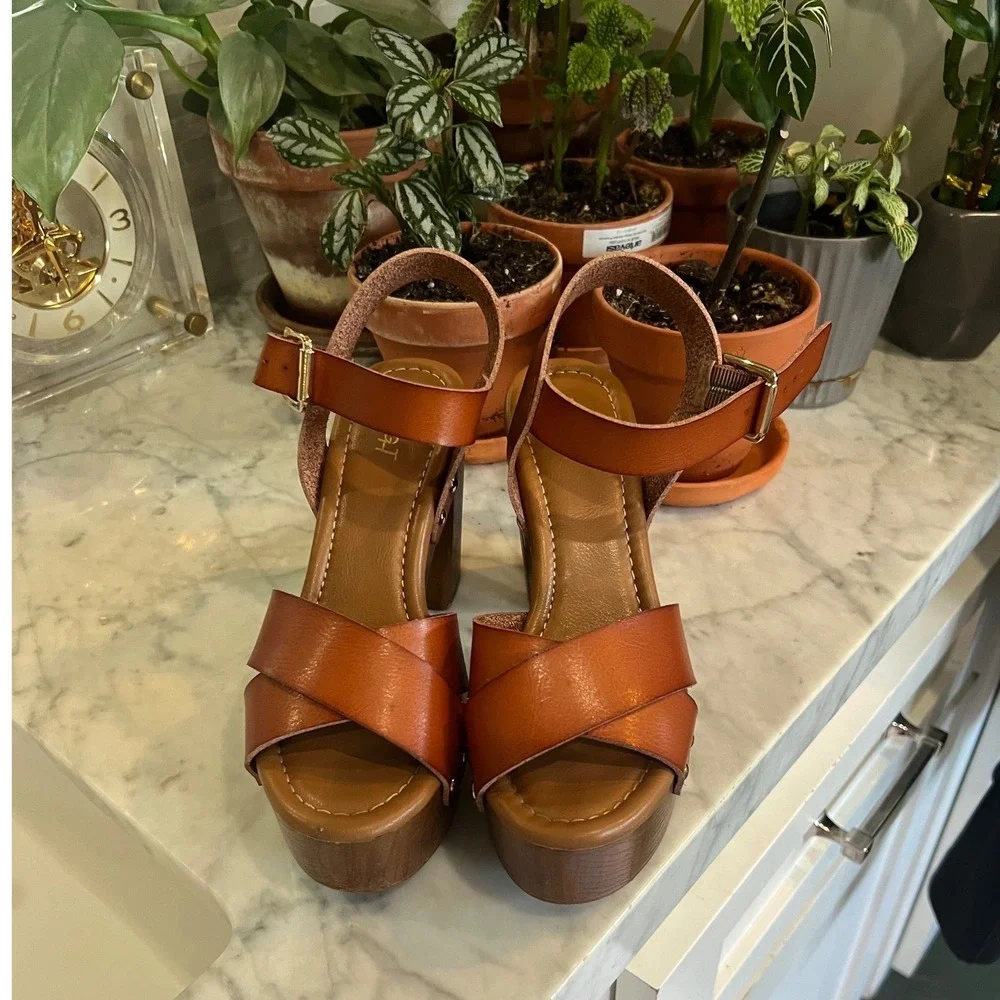 Brown Leather Platform Block Heel Y2K Boho Sandals 6 Studded Ankle Strap 70s